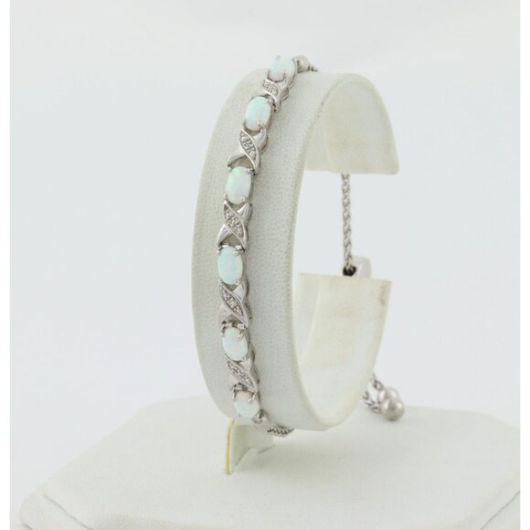 Sterling Silver Lab Created Opal and Diamond Bolo Bracelet 6" to 9" - Picture 1 of 8